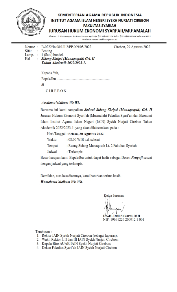 Undangan dan Jadwal Munaqosah Gel. II Ta 2022/2023 Jurusan Hukum Ekonomi Syariah/Mu'amalah