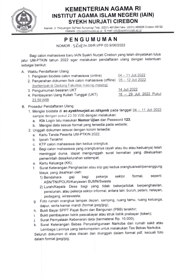 Pengumuman Pendaftaran Ulang Calon Mahasiswa Baru IAIN Syekh Nurjati Cirebon Jalur UM- PTKIN Tahun 2022