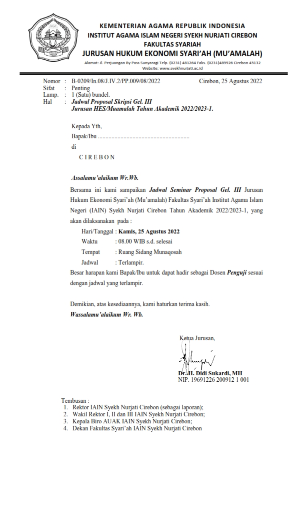 Undanga dan Jadwal Sidang Seminar Proposal Gel. 3 Jurusan Hukum Ekonomi Syariah/Mu'amalah