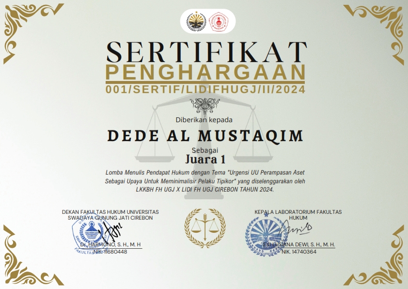 Selamat dan sukses untuk DEDE AL MUSTAQIN Mahasiswa Jurusan Hukum Ekonomi Syariah Merai Juara 1Lomba Menulis Pendapat