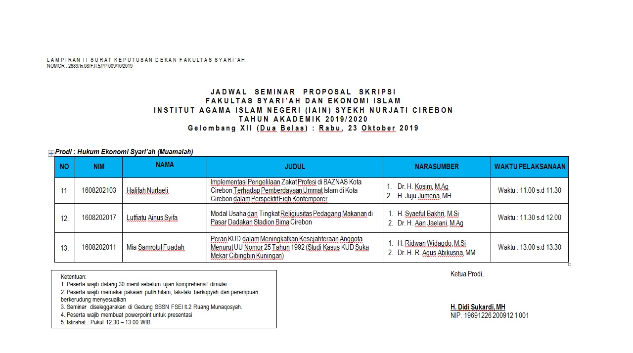 Jadwal Seminar Proposal Gelombang XII Jurusan HES Hari Rabu, 23 Oktober 2019
