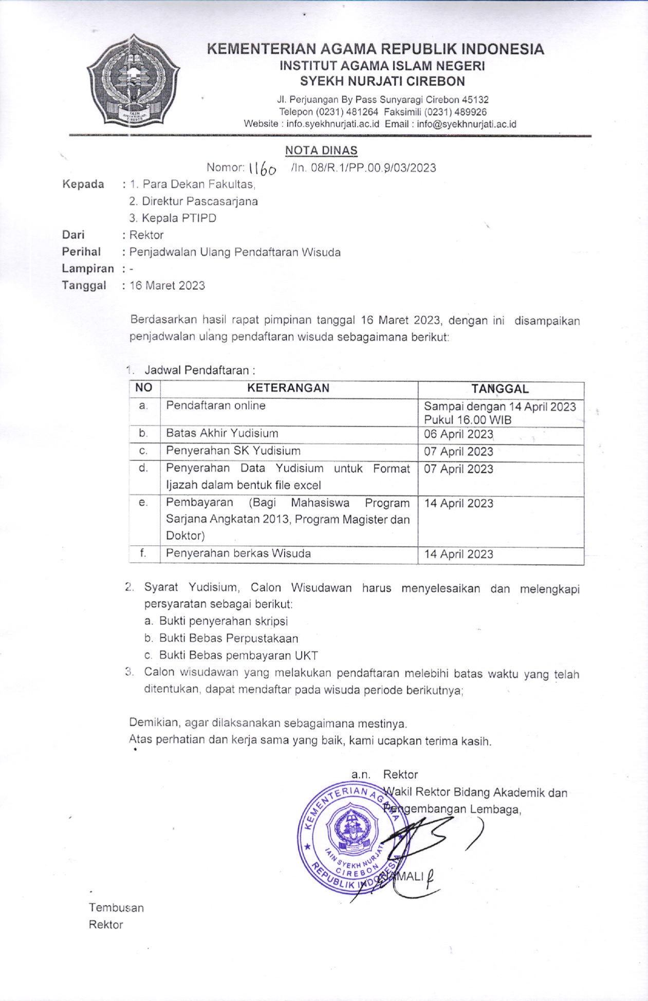 Penjadwalan Ulang Pendaftaran Wisuda Tahun 2023