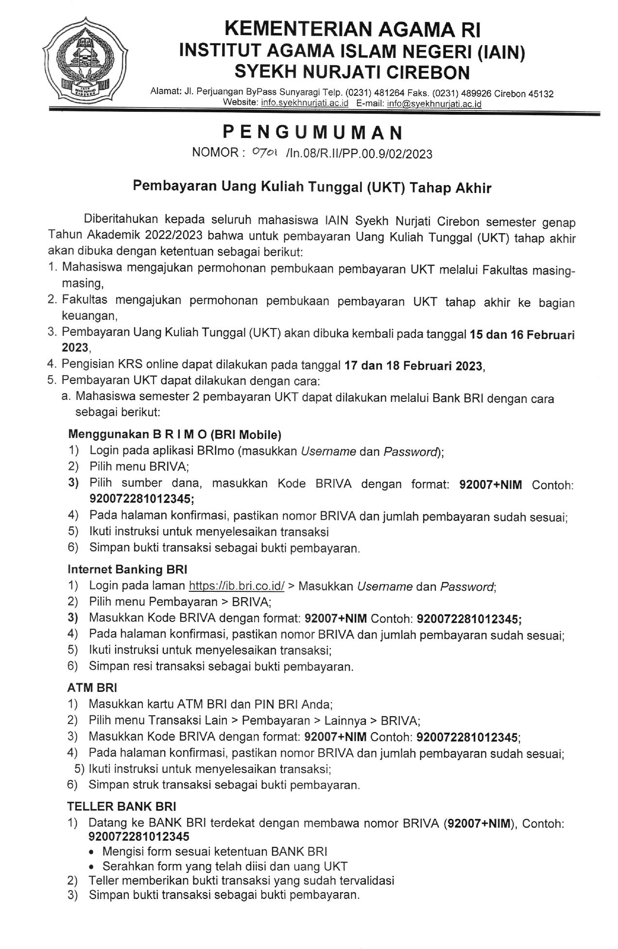 Pembyaran Uang Kuliah Tunggal (UKT) Tahap Akhir