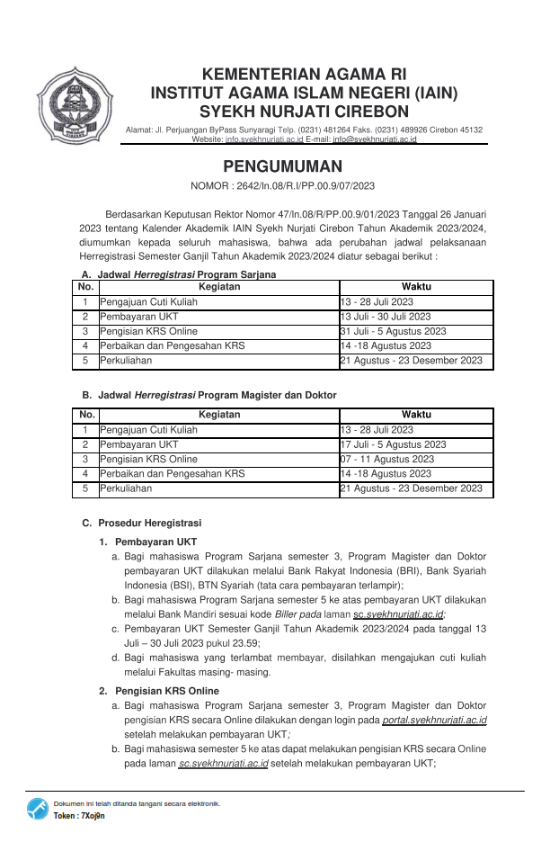 Pengumuman Perubahan Jadwal Herregistrasi Program Sarjana dan Pascasarjana Semester Ganjil