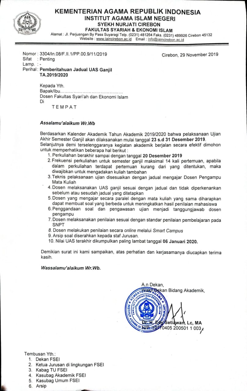 Surat Pemberitahuan Jadual UAS Semester Ganjil TA. 2019/2020 Fakultas Syariah dan Ekonomi Islam