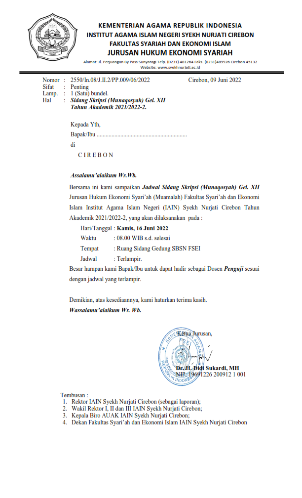 Jadwal Ujian Munaqosah Gelombang XII urusan Hukum Ekonomi Syariah/Mu'amalah Fakultas Syariah dan Ekonomi Islam