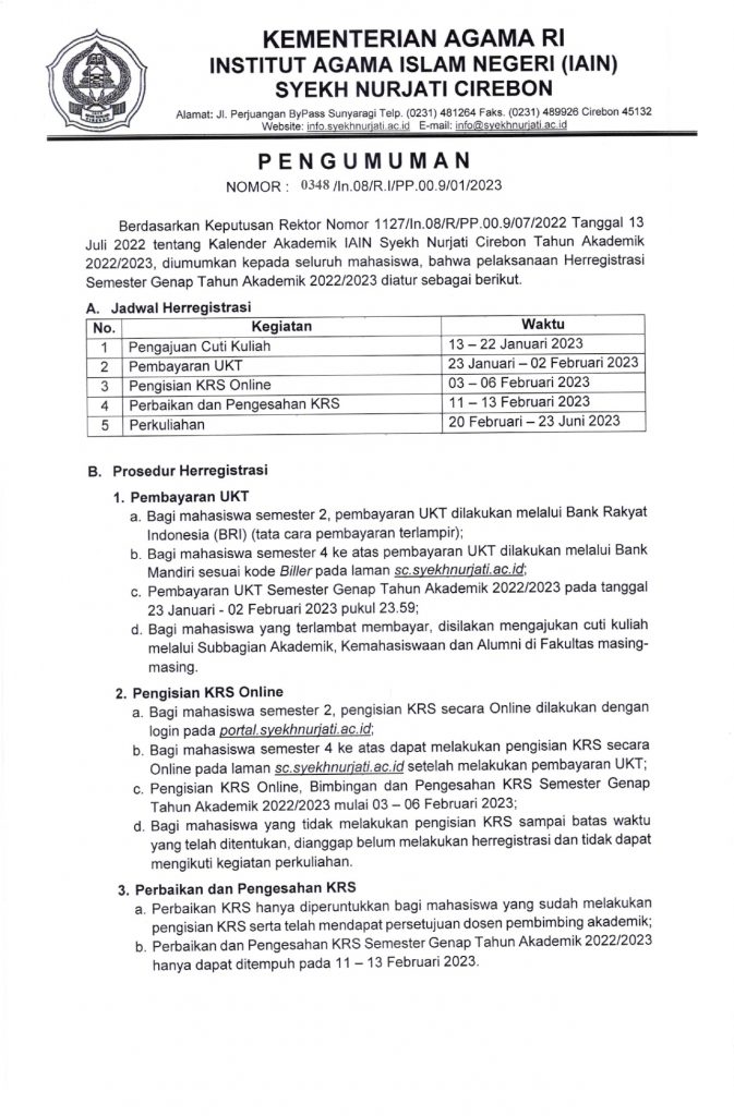 PENGUMUMAN PEMBAYARAN UANG KULIAH TUNGGAL (UKT)