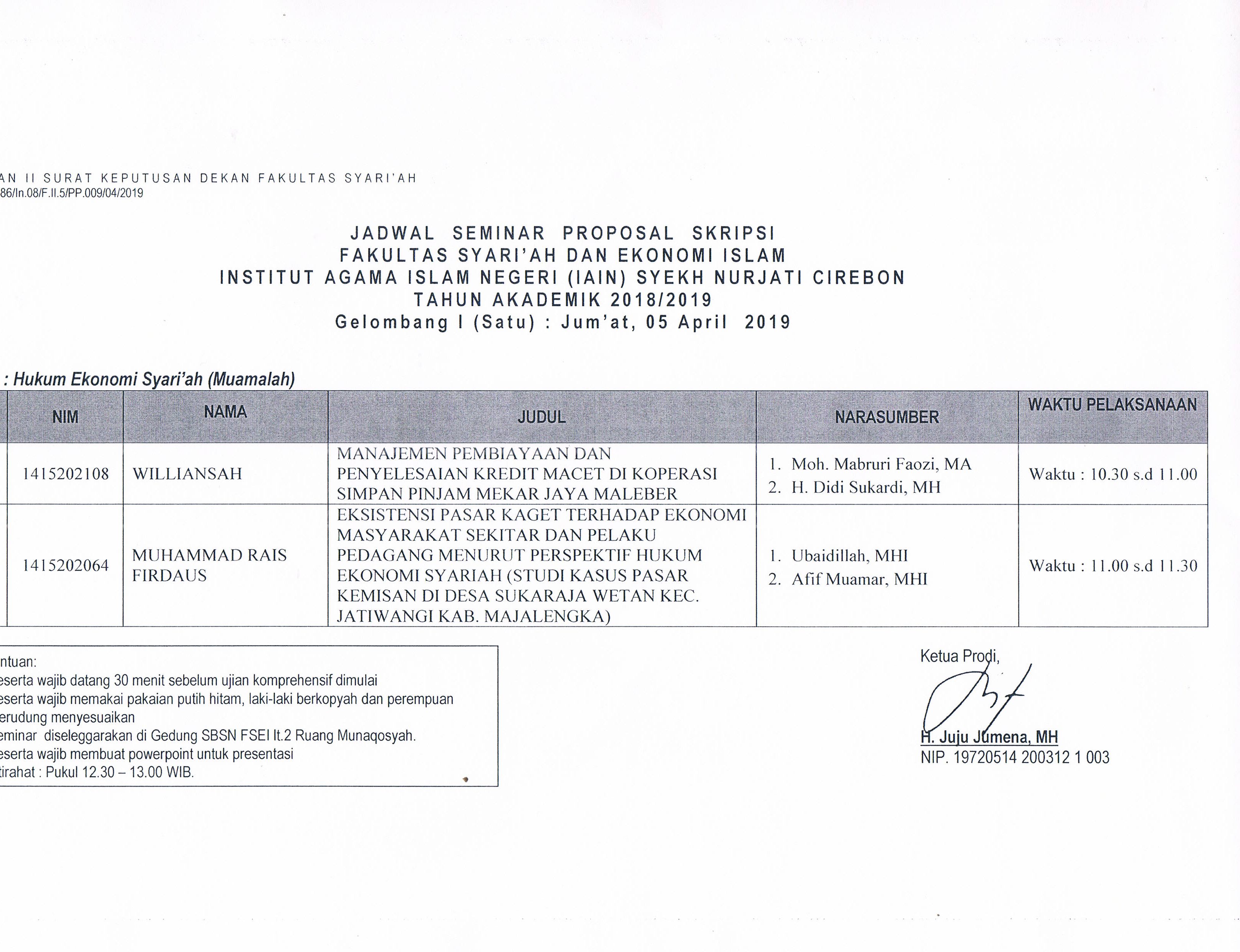 Jadwal Seminar Proposal Skripsi Gelombang I Jum'at, 05 April 2019
