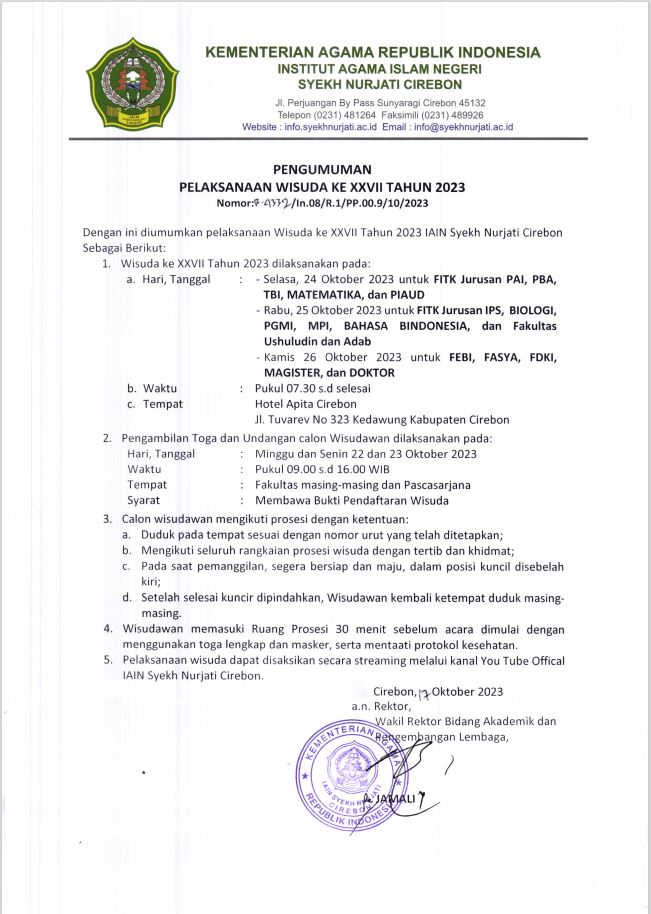 Pengumuman Pelaksanaan Wisuda ke XXVII IAIN Syekh Nurjati Cirebon tahun 2023