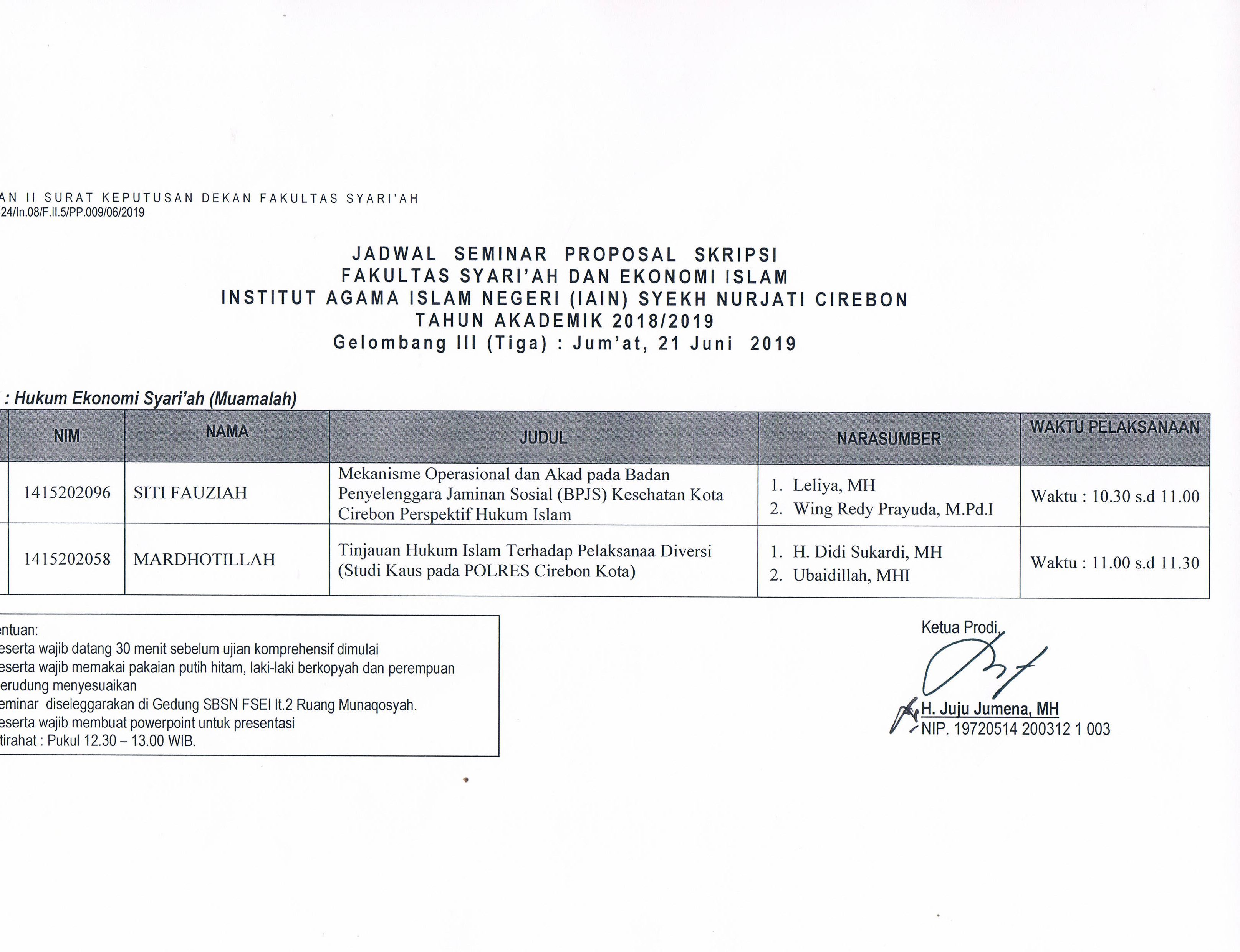 Jadwal Seminar Proposal Gel. III Jur. HES FSEI. Jumat, 21 Juni 2019