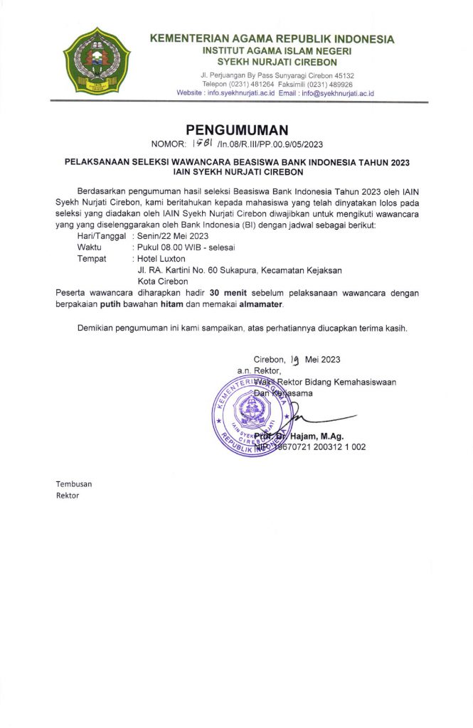 Pengumuman Pelaksanaan Seleksi Wawancara Beasiswa BI Tahun 2023