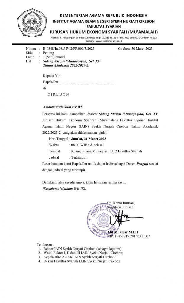 Undangan dan Jadwal Munaqosyah Gel.XV Jurusan Hukum Ekonomi Syariah
