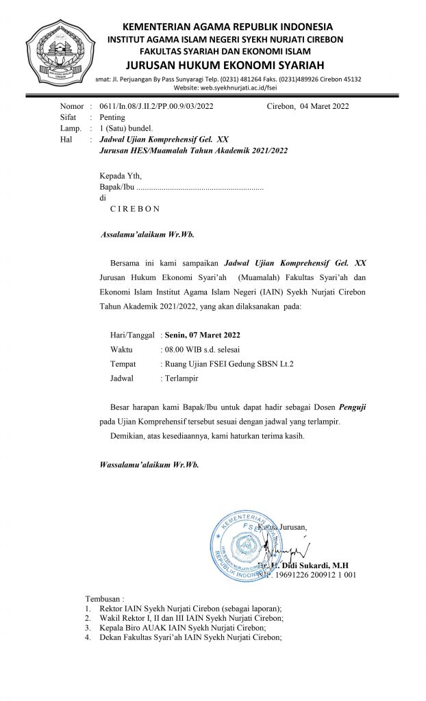 Udangan dan Jadwal Ujian Komprehensif Gel. XX Jurusan Hukum Ekonomi Syariah