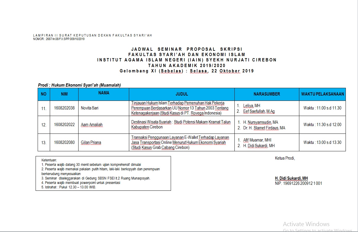 Jadwal Seminar Proposal Gelombang XI Jurusan HES Hari selasa, 22 Oktober 2019
