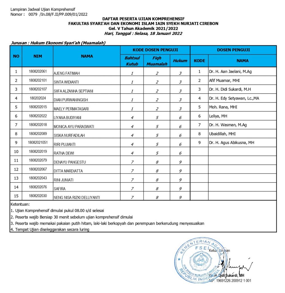JADWAL UJIAN KOMPREHENSIF GEL. V Jurusan Hukum Ekonomi Syariah