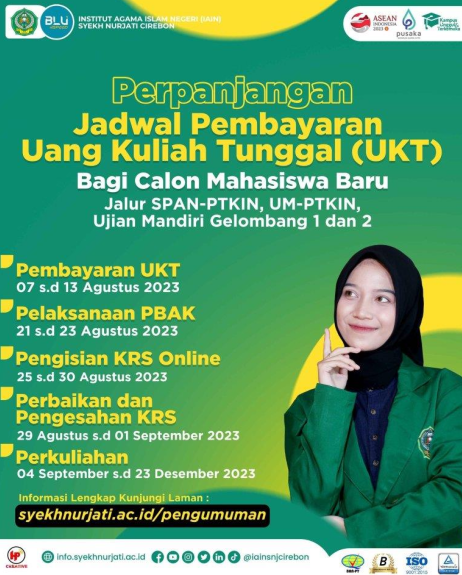 Pengumuman Perpanjangan Uang Kuliah Tunggal (UKT) Bagi Calon Mahasiswa Baru Jalur SPAN-PTKIN, UM-PTKIN, Jalur Ujian Mandiri Gelombang 1 dan 2 serta Perubahan Jadwal Herregistrasi Program Magister dan Doktor Semester 3 Keatas