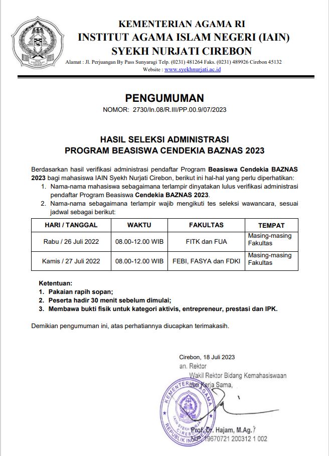 PENGUMUMAN HASIL SELEKSI ADMINISTRASI BEASISWA CENDEKIA BAZNAS