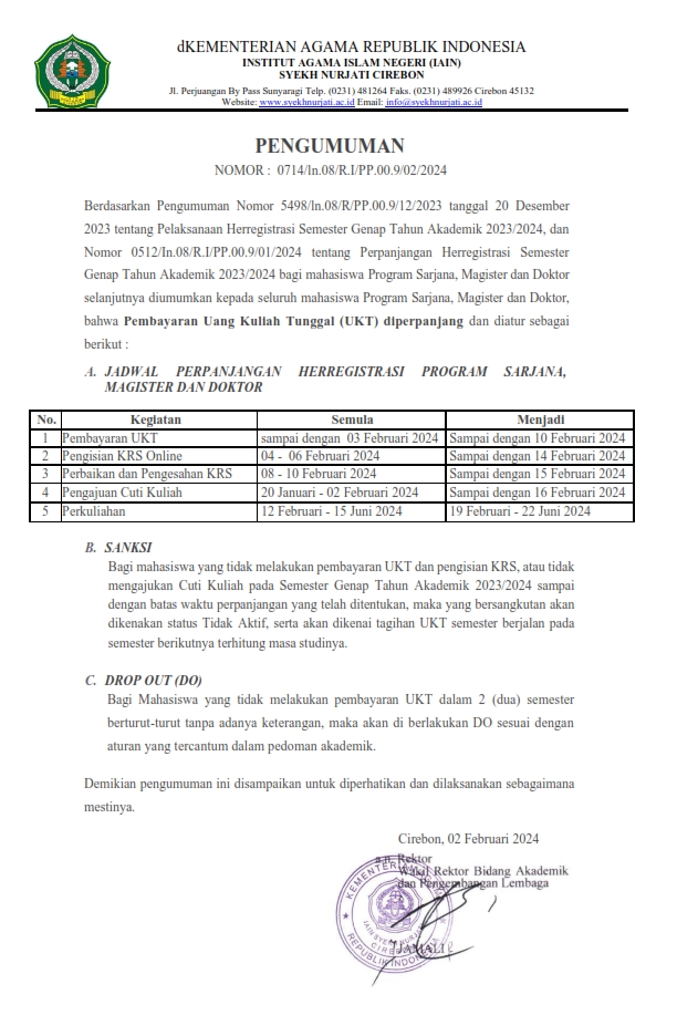 PENGUMUMAN JADWAL PERPANJANGAN HERREGISTRASI PROGRAM SARJANA, MAGISTER DAN DOKTOR