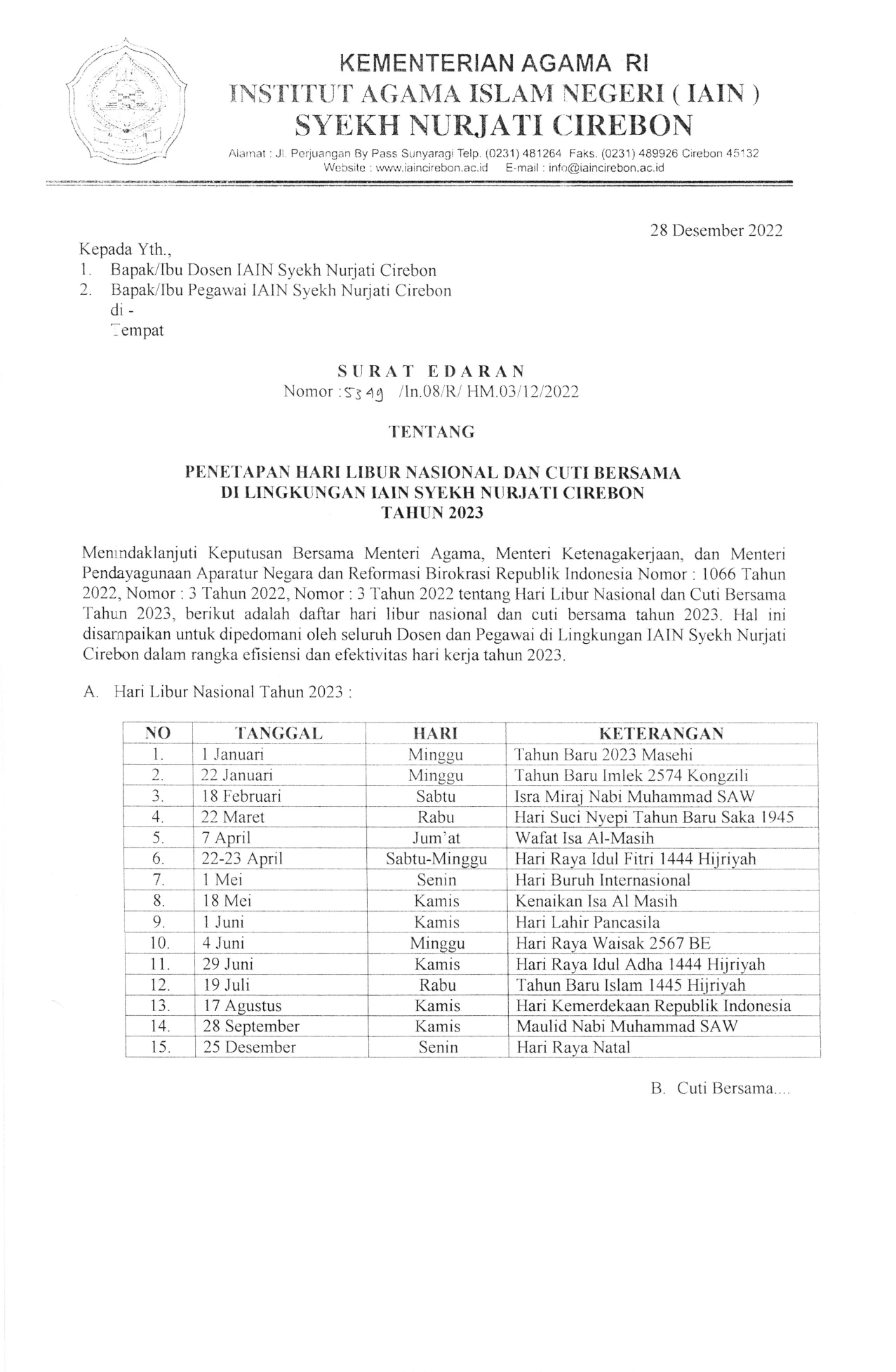 Penetapan Hari Libur Nasional Tahun 2023
