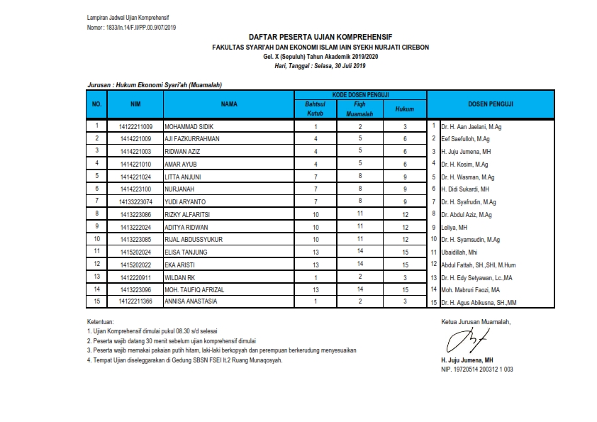 Jadwal Ujian Komprehensif Jurusan HES FSEI Selasa, 30 Juli 2019