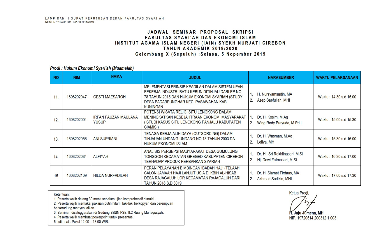 Jadwal Seminar Proposal Gelombang X Jurusan HES tanggal 05 November 2019