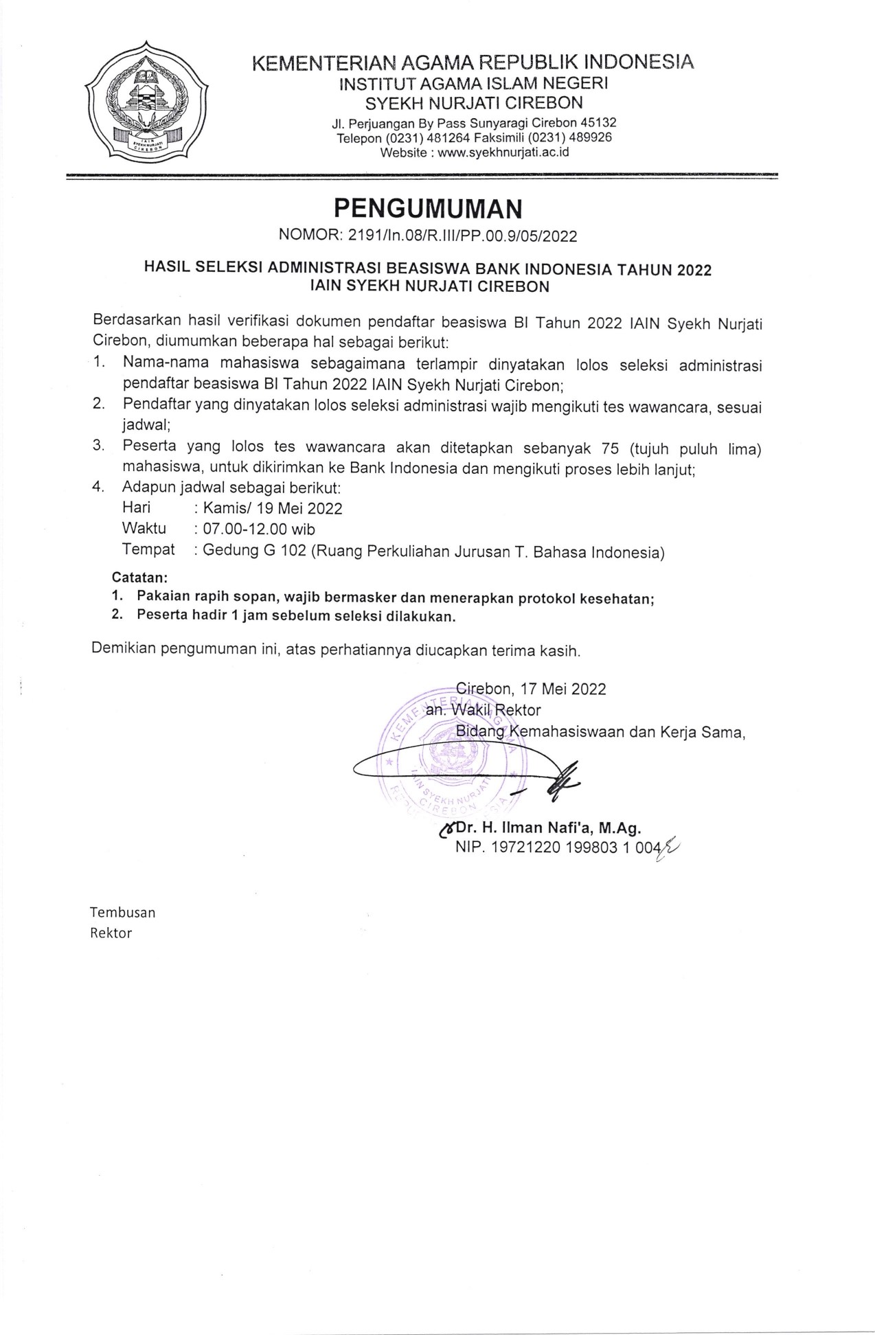 Pengumuman Hasil Seleksi Administrasi Beasiswa Bank Indonesia Tahun 2022