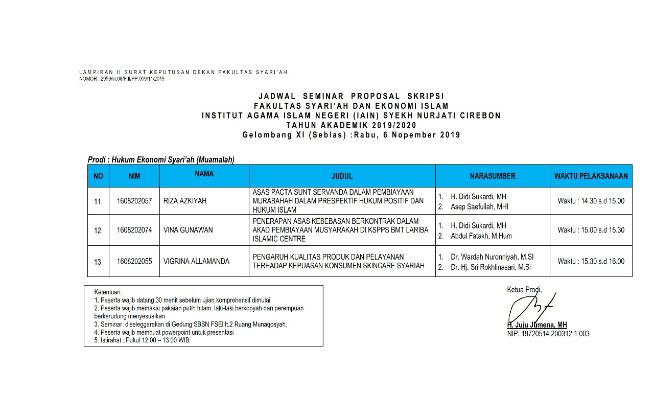 Jadwal Seminar Proposal Gelombang XI Jurusan HES Tanggal 06 November 2019