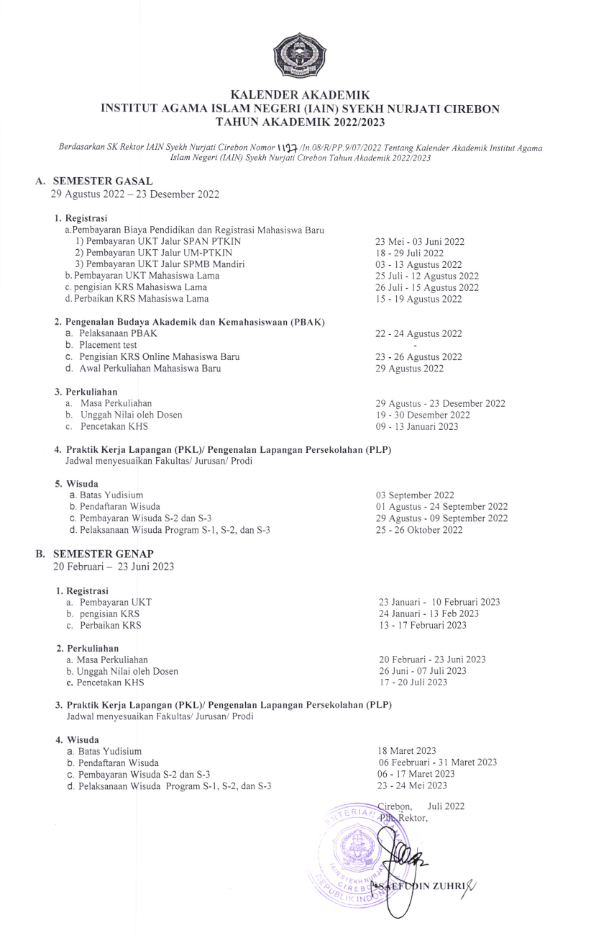 KALENDER AKADEMIK INSTITUT AGAMA ISLAM NEGERI (IAIN) SYEKH NURJATI CIREBON TAHUN AKADEMIK 2022 12023