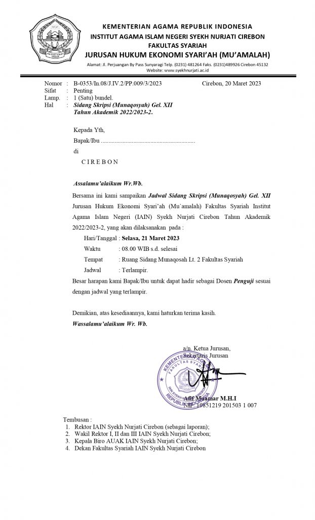 Undangan dan Jadwal Munaqosyah Gel.XII Jurusan Hukum Ekonomi Syariah