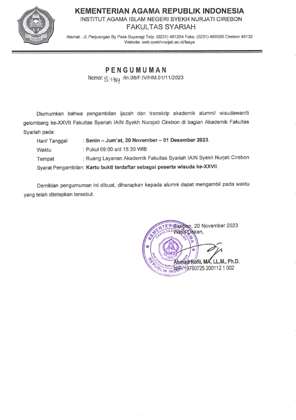Pengumuman Pengambilan Ijazah dan Transkrip Wisuda Gelombang Ke-XXVII
