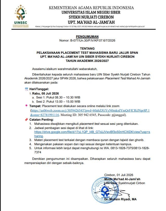 Pengumuman Placement Test Ma’had Mahasiswa Baru Jalur SPAN 2026
