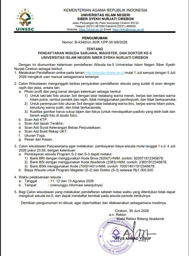 Pengumuman Pendaftaran Wisuda Sarjana, Magister, dan Doktor ke V Tahun 2026